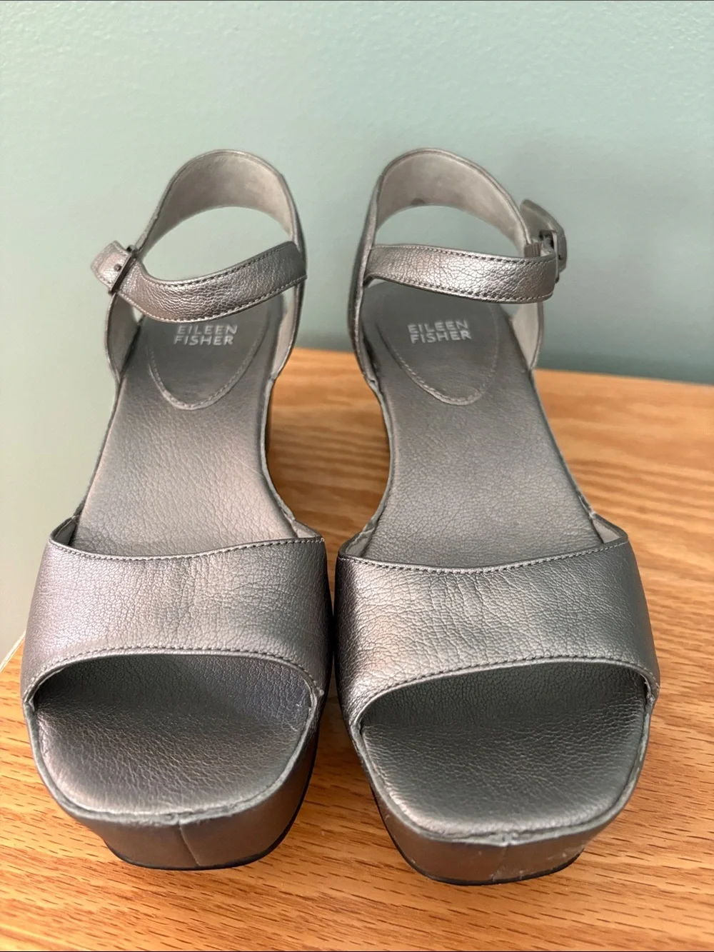 Eileen Fisher Metallic Silver Wedge Sandals with Ankle Strap Size 7 Leather